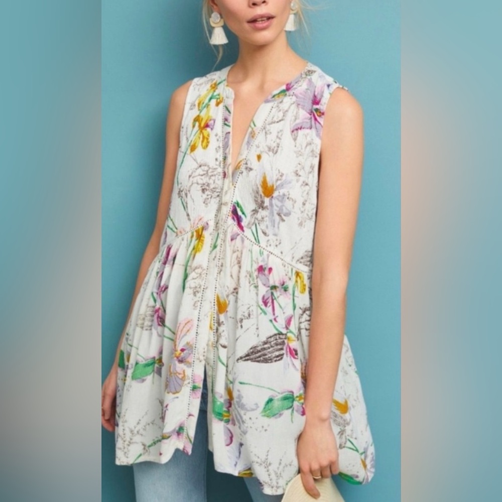 Anthropologie White Floral Split-Neck Peplum Tunic